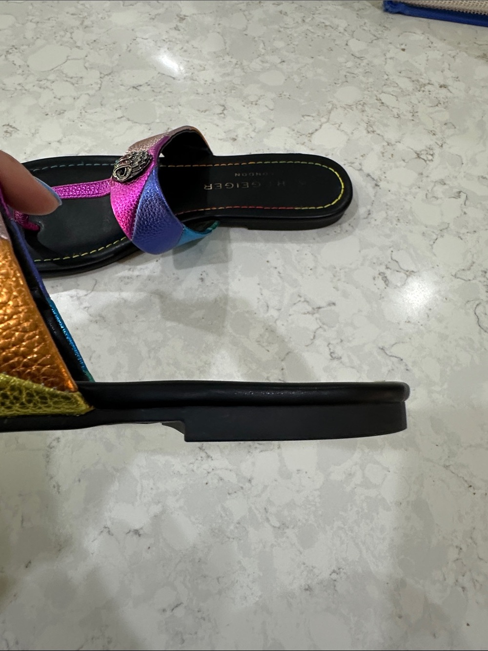 Kurt Geiger Kensington Metallic Rainbow Leather Logo Ornament T-Bar Sandals - Picture 4 of 6